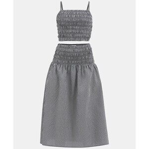NWT, SZ L, Smocked Gingham Print 2 Piece Set, Dark Navy & White